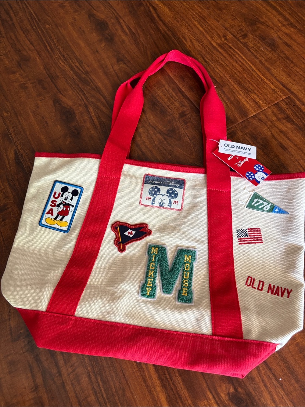 Disney Old Navy Cream Canvas Tote with Red Handles & Mickey Patches. Brand new!!